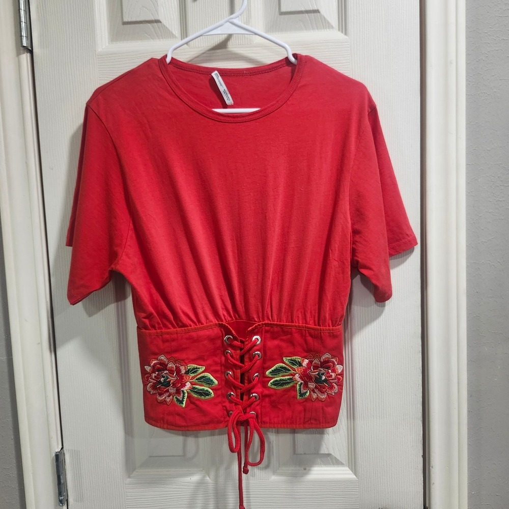 Zara Red Corset Lace Up Floral Embroidered Short Sleeve Top Size M - Picture 2 of 8